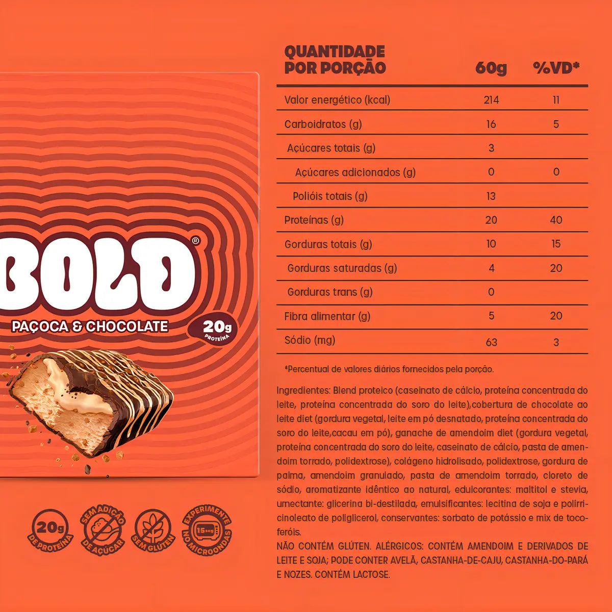 Barra de Proteína BOLD Paçoca e Chocolate 60g - Caixa com 12 Unidades