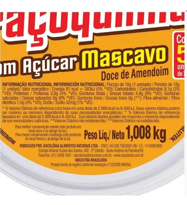 Pote 56 Unidades Paçoca Rolha Mascavo DaColônia 18g - 1,008kg