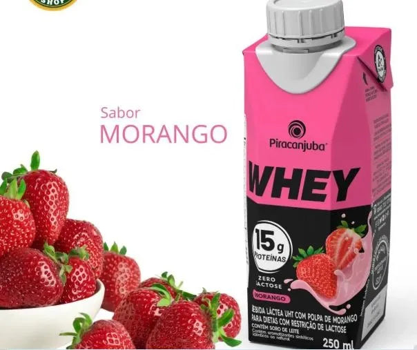 Bebida Láctea Piracanjuba Whey 15g Morango Zero Lactose - Caixa 12x250ml