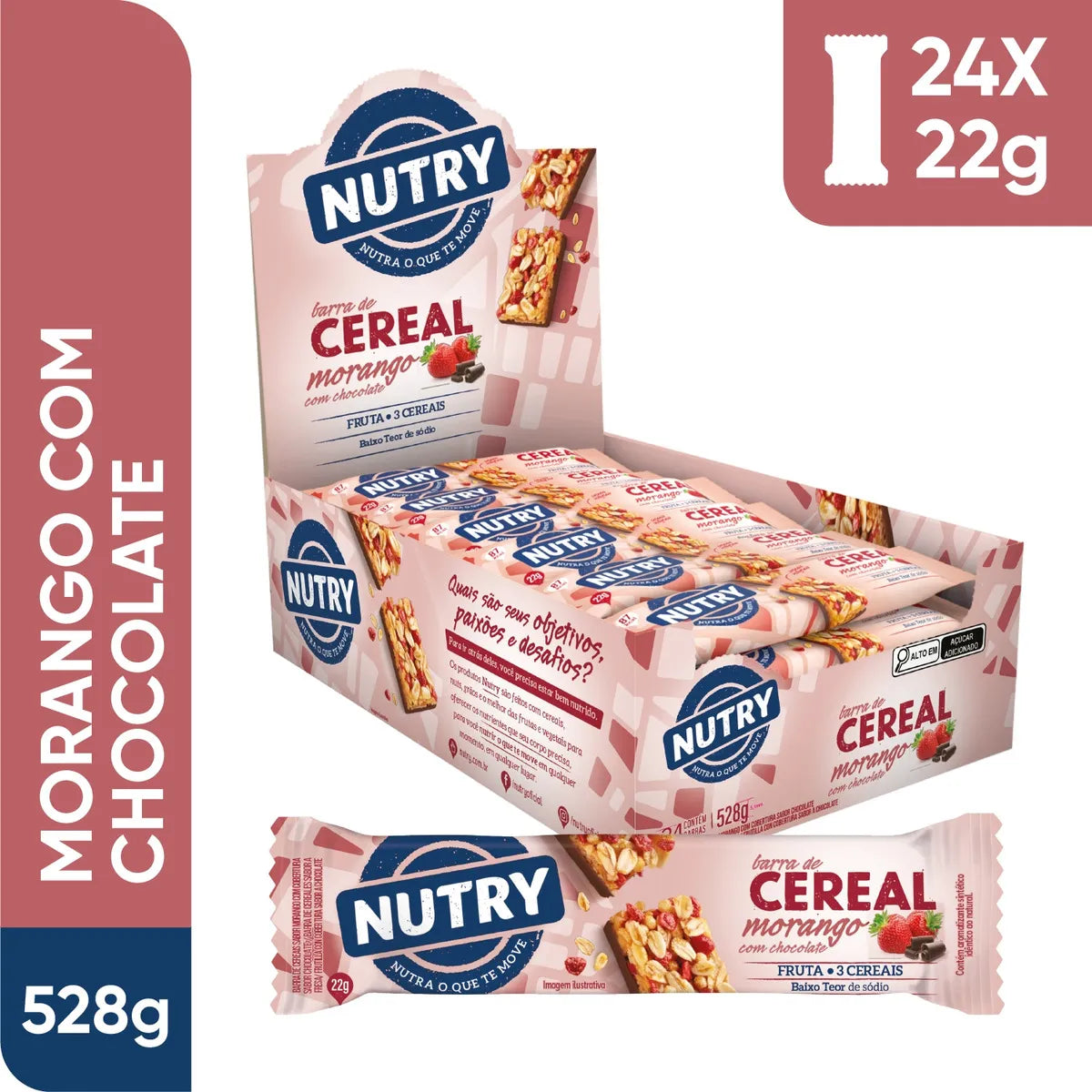 Barra de Cereal Nutry Morango com Chocolate 22g - Display com 24 Unidades