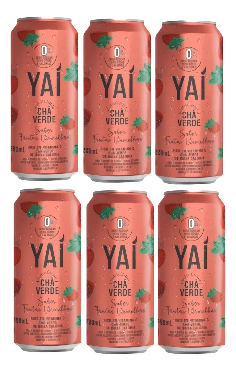 Pack 6 Latas Chá Verde Yaí Frutas Vermelhas - Sem Açúcar e Refrescante