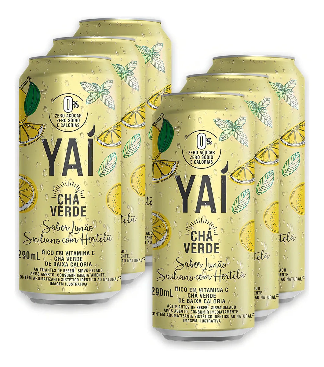 Pack 6 Latas Chá Verde Yaí Limão e Hortelã - Zero Calorias e Sódio