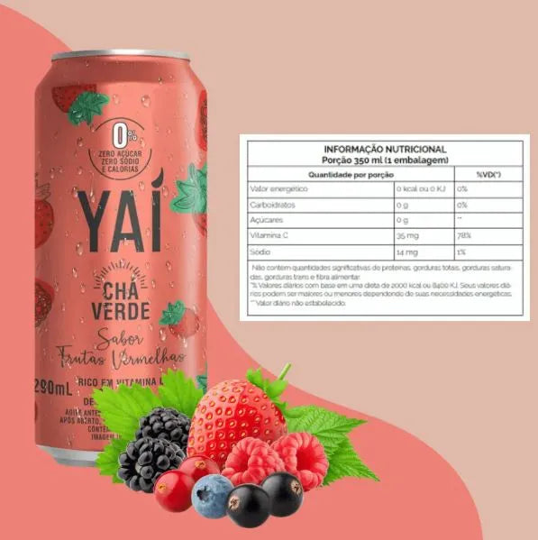 Pack 6 Latas Chá Verde Yaí Frutas Vermelhas - Sem Açúcar e Refrescante