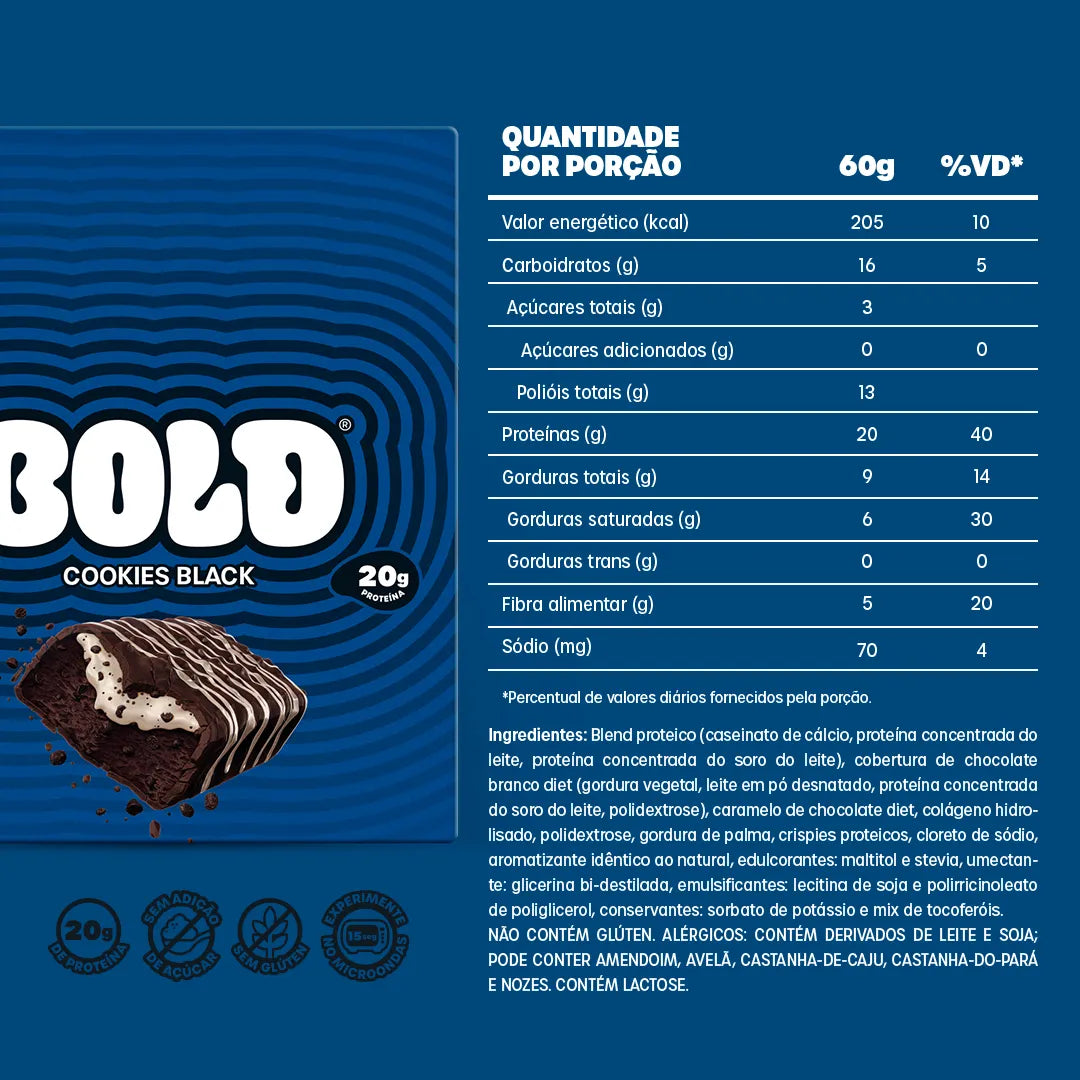 Barra de Proteína BOLD Cookies Black 60g - Caixa com 12 Unidades