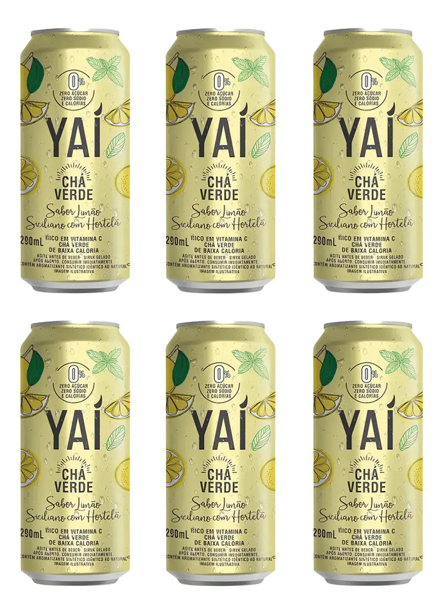 Pack 6 Latas Chá Verde Yaí Limão e Hortelã - Zero Calorias e Sódio