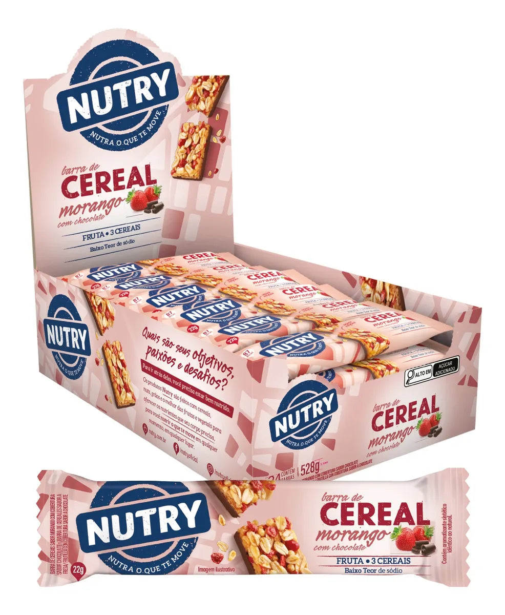 Barra de Cereal Nutry Morango com Chocolate 22g - Display com 24 Unidades
