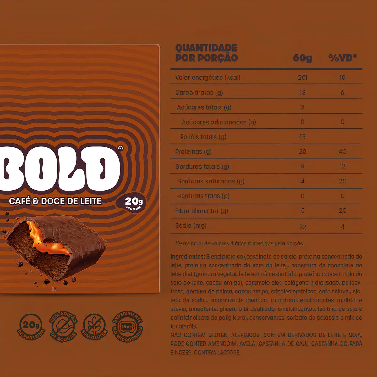 Barra de Proteína BOLD Café e Doce de Leite 60g - Caixa com 12 Unidades