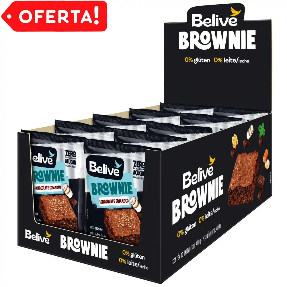 Caixa Brownie Fit Chocolate com Coco BeLive 10 Unidades Sem Açúcar Sem Glúten Sem Leite